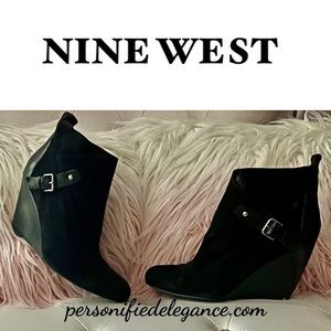 Nine West Black Suede Leather Wedge Ankle Boots Booties Size 11M